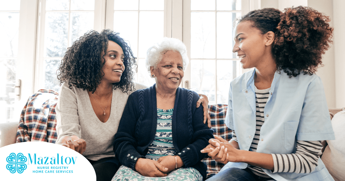 A professional explains senior care options to a woman and her aging mom.