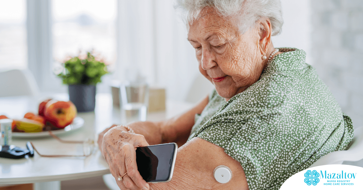 A senior woman uses her smartphone to check her glucose monitor, a tool that can be extremely helpful for diabetes care.
