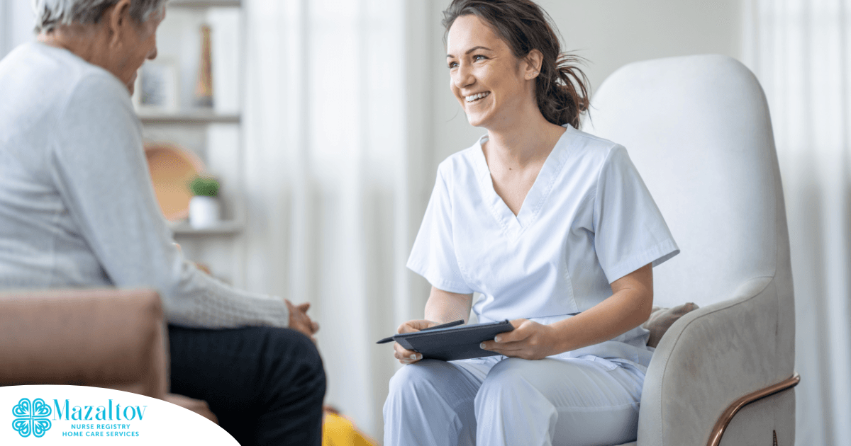 A woman smiles and enjoys her caregiving job as she writes notes down with a client.