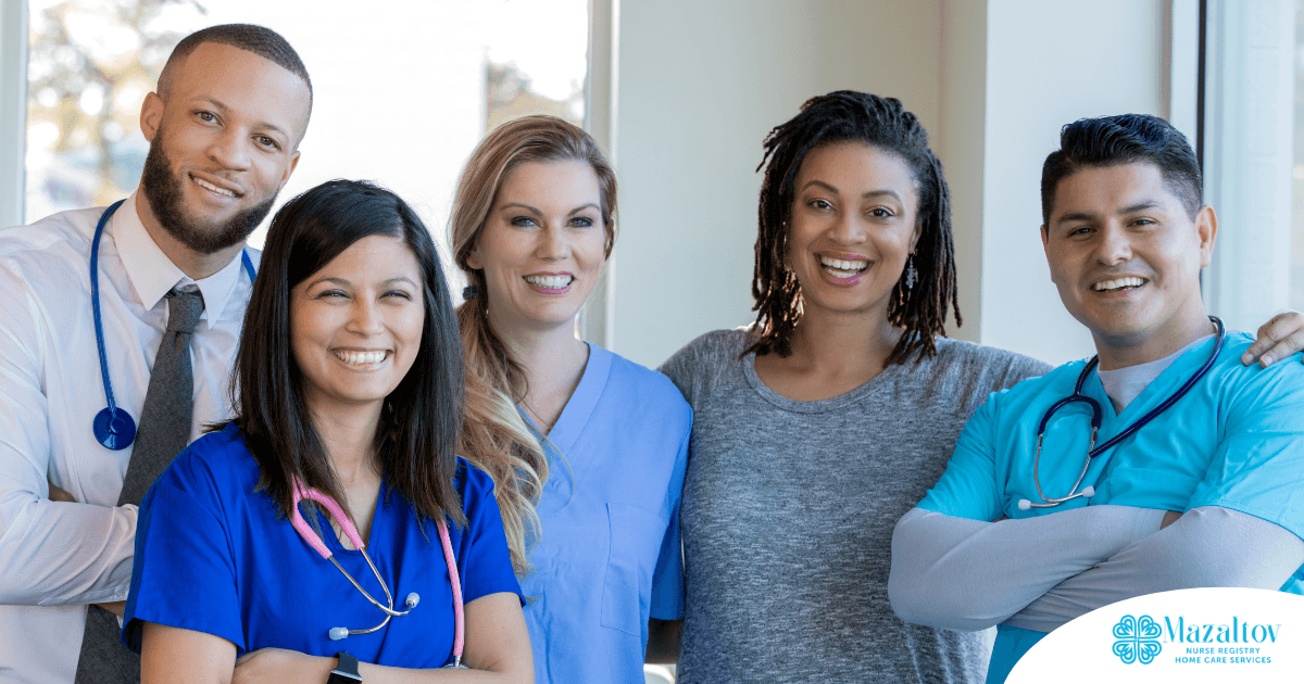 A team of healthcare professionals smiles, representing the many career paths that professional caregiving can lead to.
