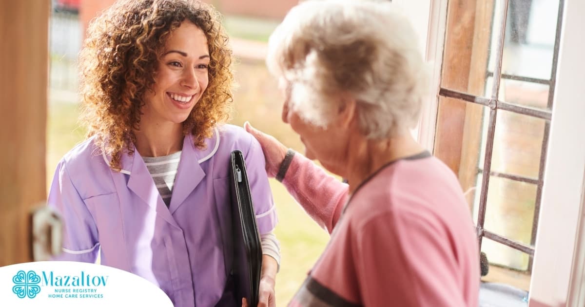 A happy caregiver enters the home of a client, representing in-home recovery care.