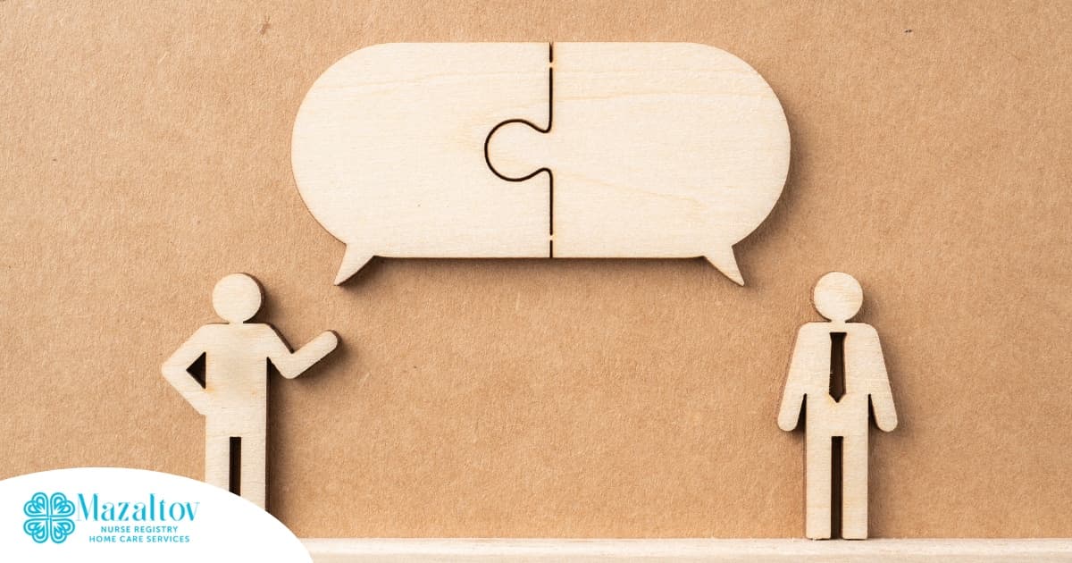 An image with 2 figures and a joined thought cloud represents the vital communication that a caregiver needs to have with a nurse registry.