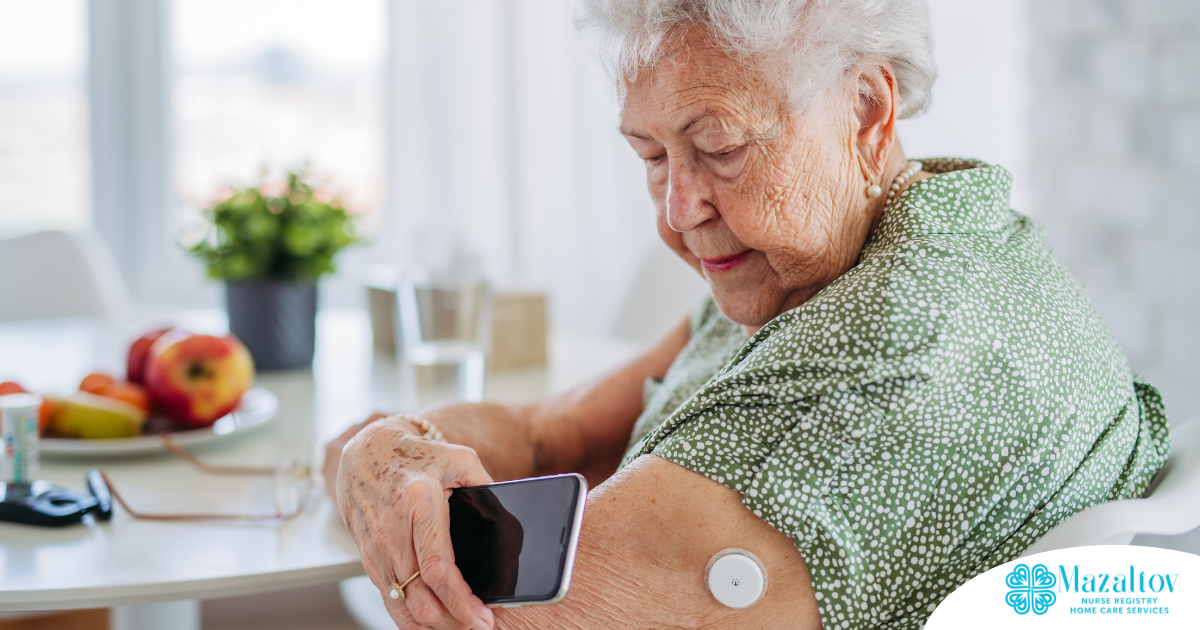 A senior woman uses her smartphone to check her glucose monitor, a tool that can be extremely helpful for diabetes care.
