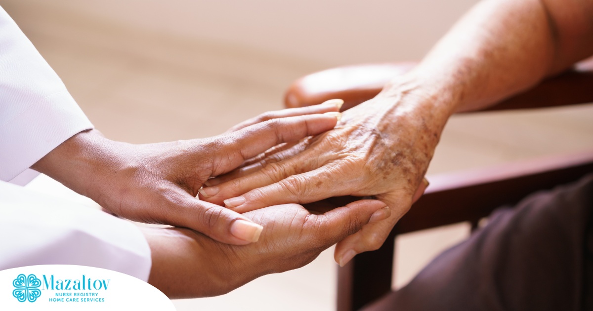 A pair of younger hands hold older ones, representing the compassionate care that a professional caregiver can provide.