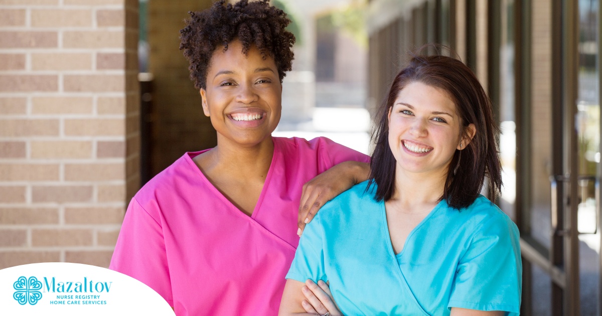 2 smiling women in scrubs represent RN supervisors and the good environment that can be promoted when they work together with caregivers for quality client care.