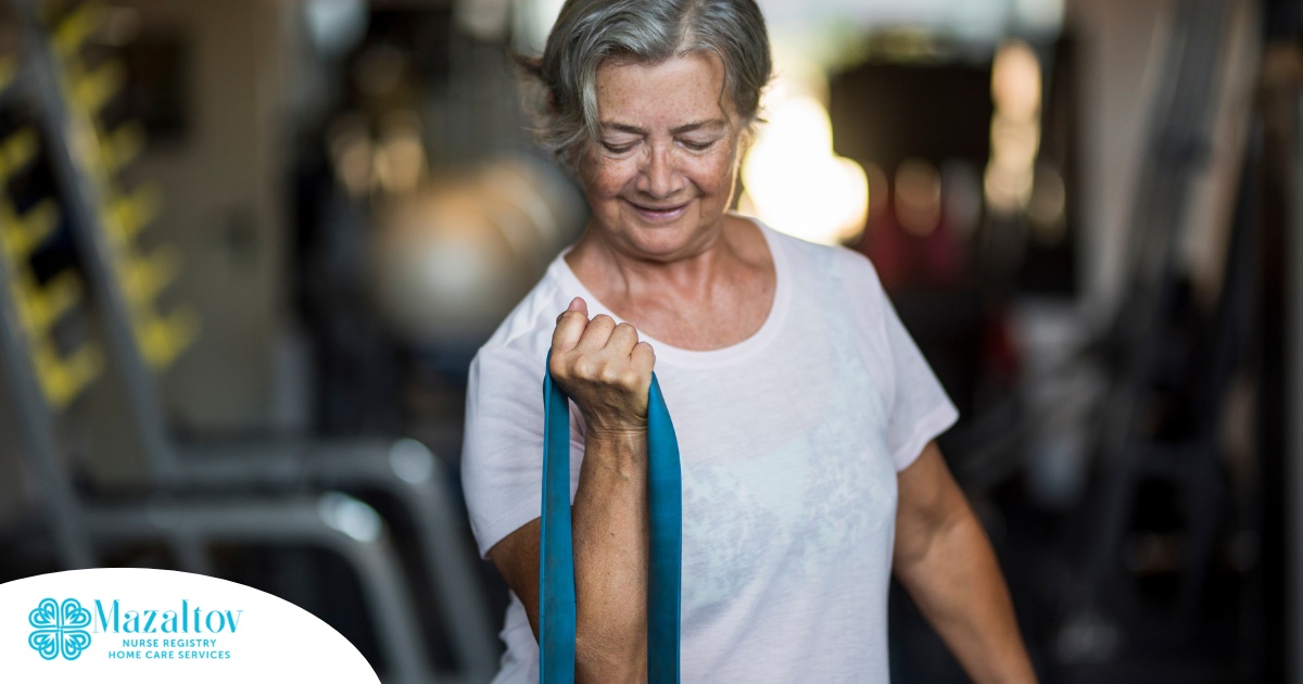 An older woman uses a resistance band to exercise, representing how staying active can help older adults keep their blood pressure in a healthy range.