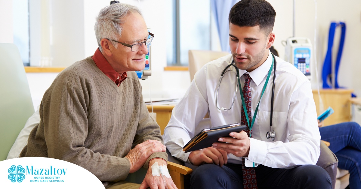 An older man talks with a doctor representing the effective communication that family caregivers should endeavor to have.