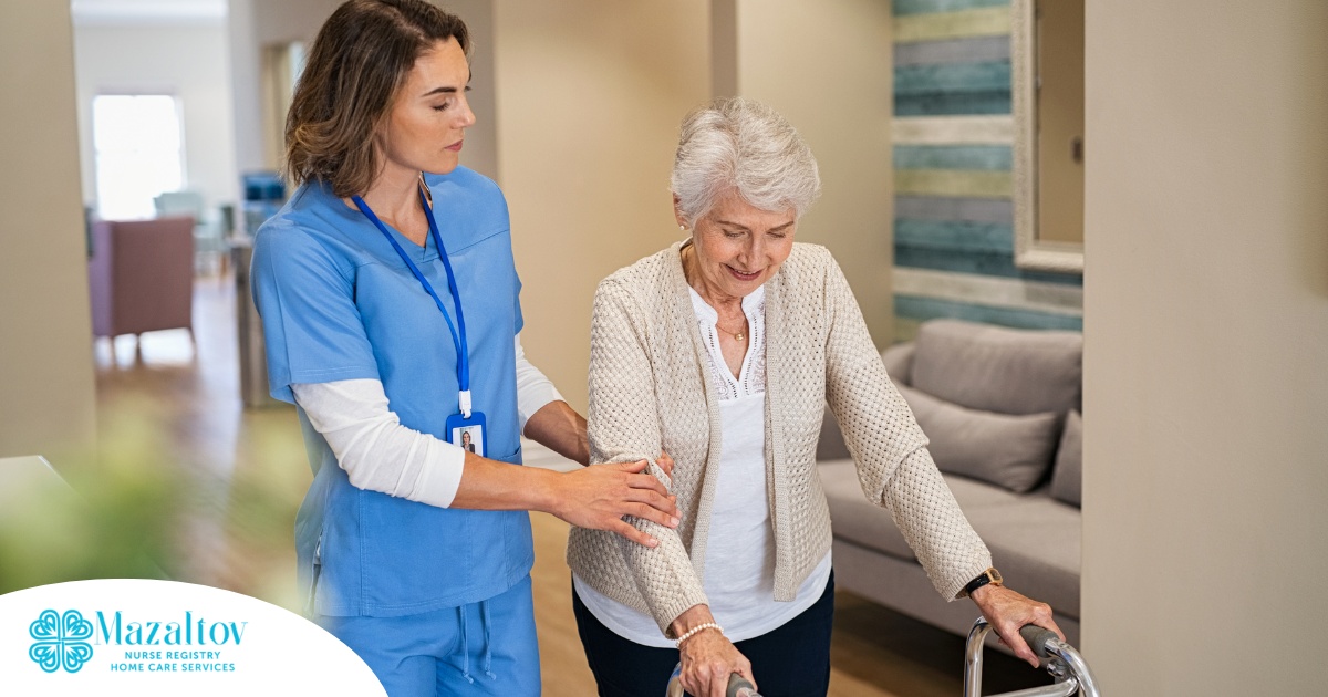 A professional caregiver helps an older client with a walker get around.